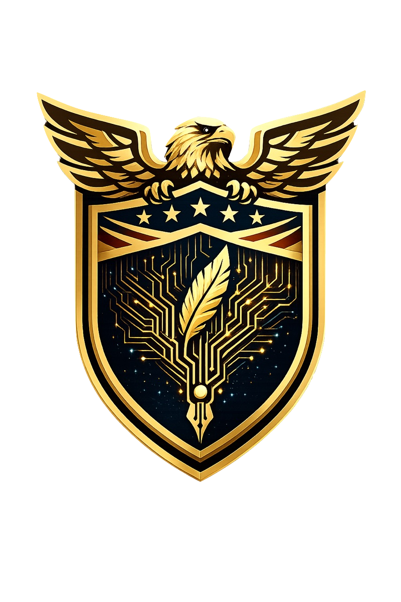 A gold seal of an eagle atop a shield bearing stars, a quill pen, and circuit traces