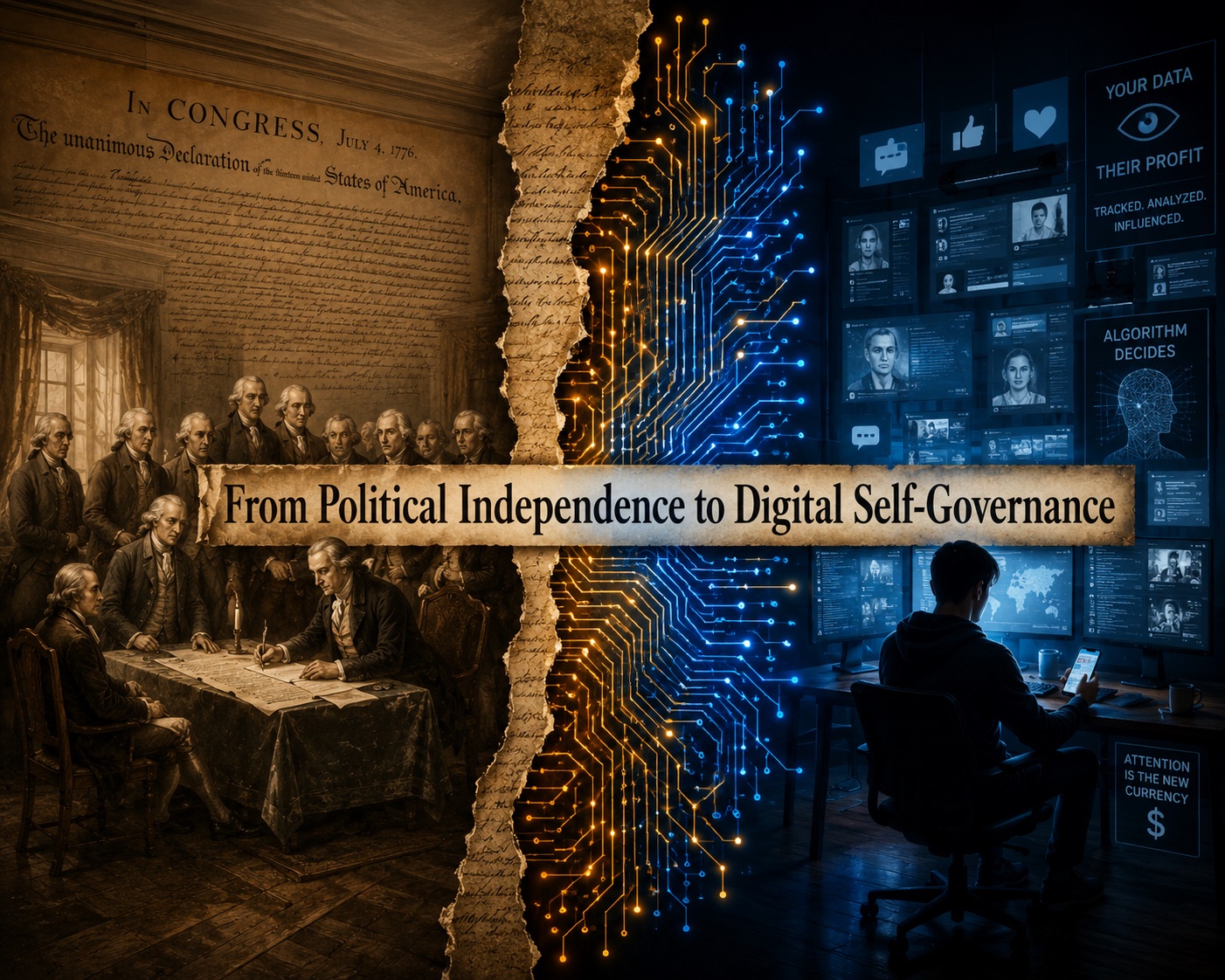 A split scene: the signing of the Declaration of Independence in 1776 on one side, a person surrounded by glowing screens and data feeds on the other, joined by the words 'From Political Independence to Digital Self-Governance'