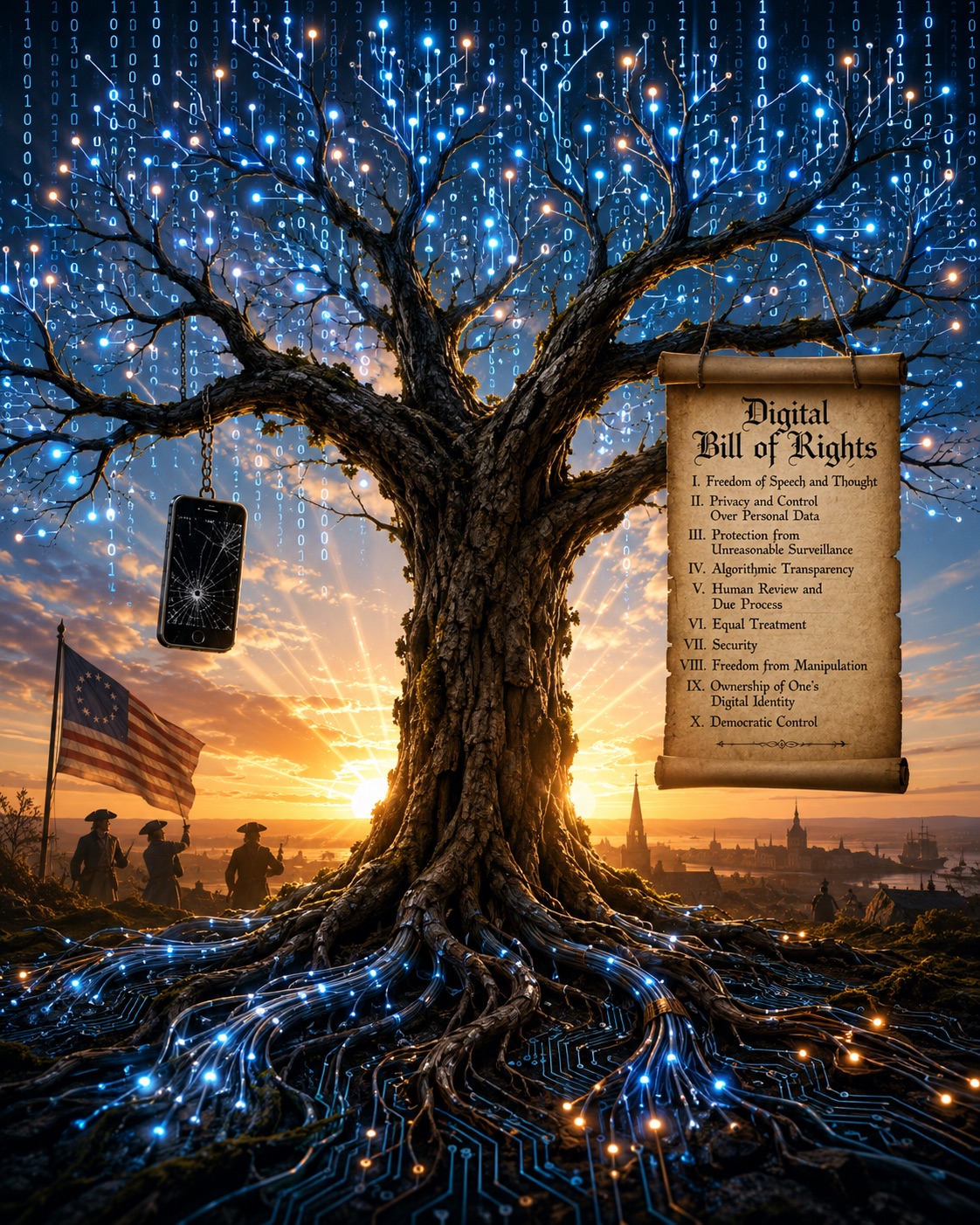 A great tree with circuit-board roots and branches of glowing binary code at sunset, colonial figures with an early American flag beneath it, and a parchment scroll listing the ten articles of the Digital Bill of Rights
