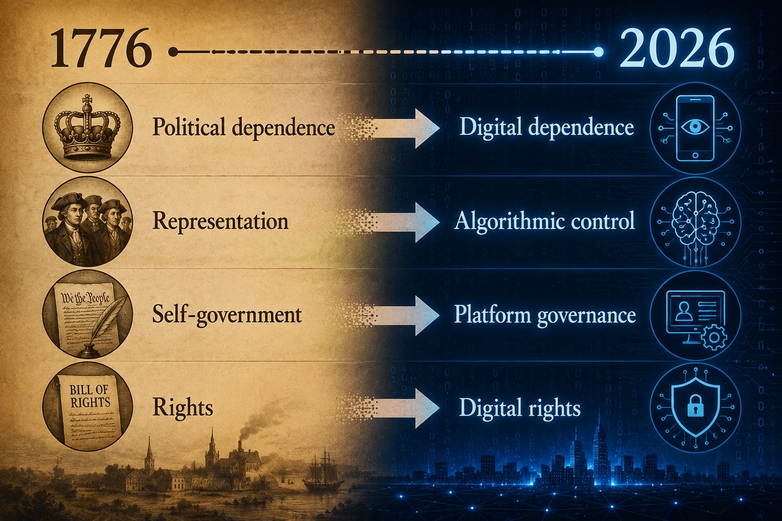 A timeline from 1776 to 2026 pairing founding-era concepts with their modern digital counterparts: political dependence with digital dependence, representation with algorithmic control, self-government with platform governance, and rights with digital rights